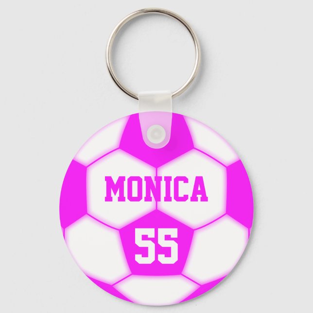 Personalized Name Number Pink Soccer Ball Keychain (Front)