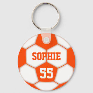Personalized Name Number Red Soccer Ball Keychain