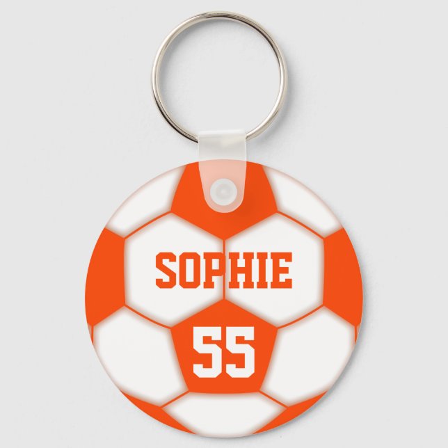 Personalized Name Number Red Soccer Ball Keychain (Front)