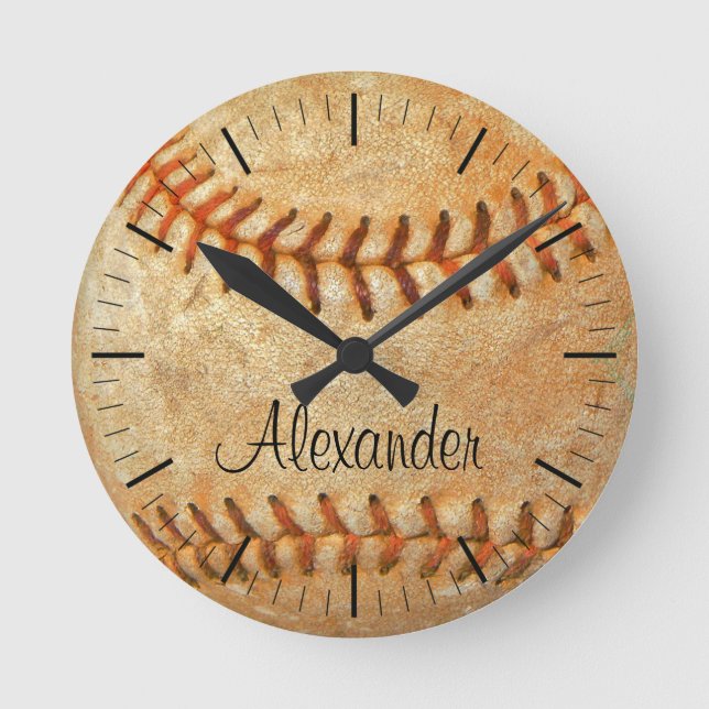 Personalized name & number White Baseball  Round Clock (Front)
