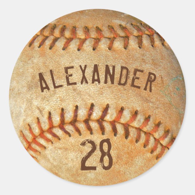 Personalized Name & Number White Baseball Sports  Classic Round Sticker (Front)