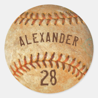 Personalized Name & Number White Baseball Sports Classic Round Sticker