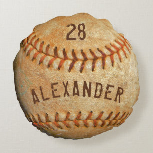 Personalized Name & Number White Baseball Sports Round Pillow