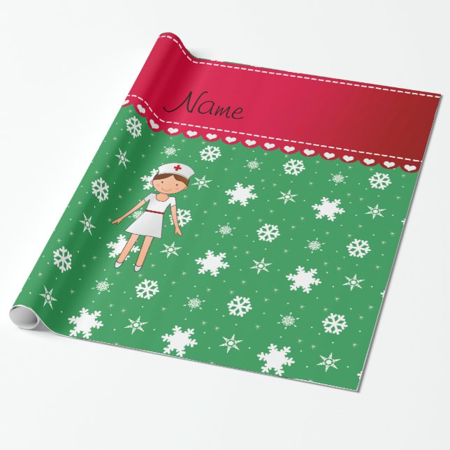 Personalized name nurse green christmas snowflakes wrapping paper (Unrolled)