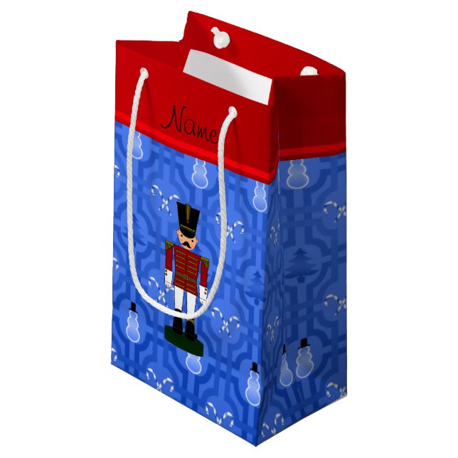 Personalized name nutcracker blue snowman trellis small gift bag (Front Angled)