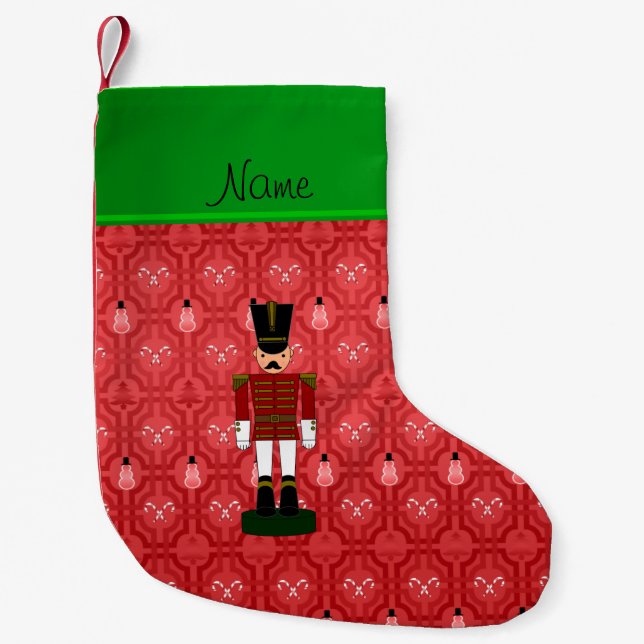 Personalized name nutcracker red snowman trellis small christmas stocking (Front)