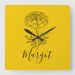 Personalized Name October Marigold Birth Flower Square Wall Clock