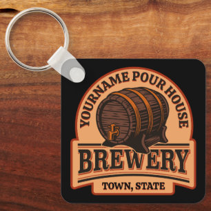 Personalized NAME Old Oak Barrel Beer Keg Brewery Keychain
