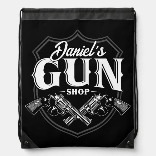 Personalized NAME Old Revolvers Gun Shop Firearms Drawstring Bag