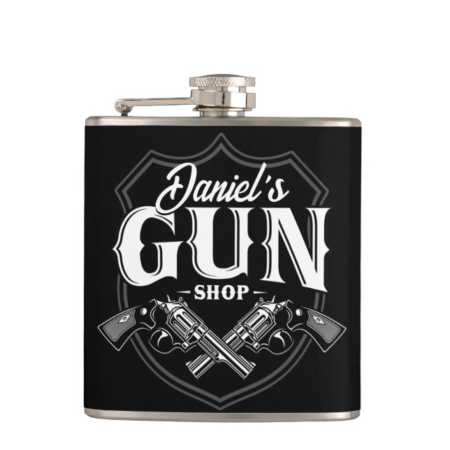 Personalized NAME Old Revolvers Gun Shop Firearms  Flask (Front)