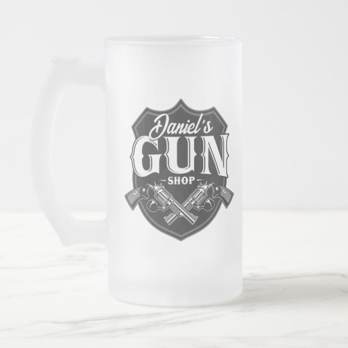 Personalized NAME Old Revolvers Gun Shop Firearms  Frosted Glass Beer Mug