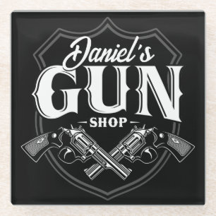 Personalized NAME Old Revolvers Gun Shop Firearms Glass Coaster