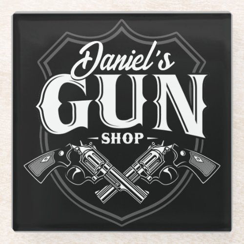 Personalized NAME Old Revolvers Gun Shop Firearms  Glass Coaster
