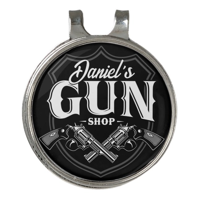 Personalized NAME Old Revolvers Gun Shop Firearms  Golf Hat Clip (Front)