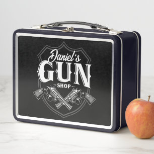 Personalized NAME Old Revolvers Gun Shop Firearms Metal Lunch Box