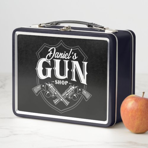 Personalized NAME Old Revolvers Gun Shop Firearms  Metal Lunch Box