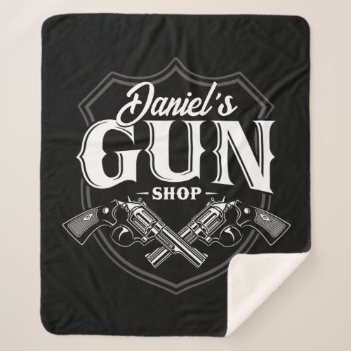 Personalized NAME Old Revolvers Gun Shop Firearms Sherpa Blanket