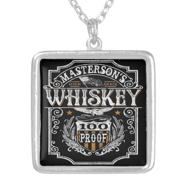 Personalized NAME Old West Whiskey Brewery Bar Silver Plated Necklace (Front)