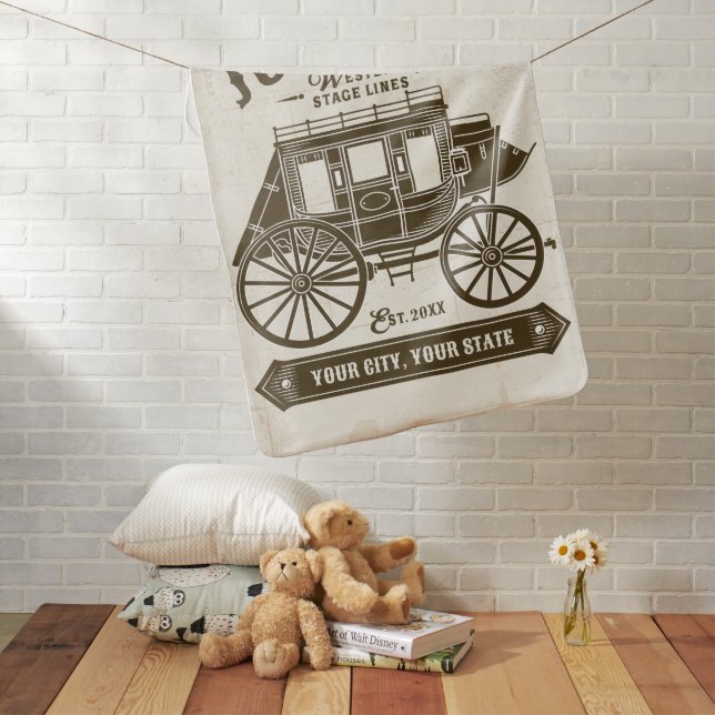 Personalized NAME Old Western Stagecoach Carriage Baby Blanket (In Situ)