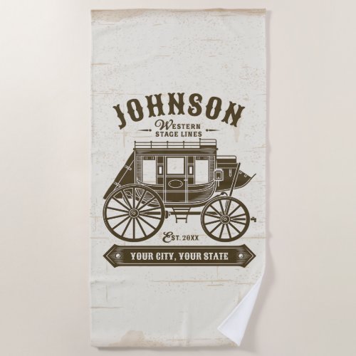 Personalized NAME Old Western Stagecoach Carriage Beach Towel