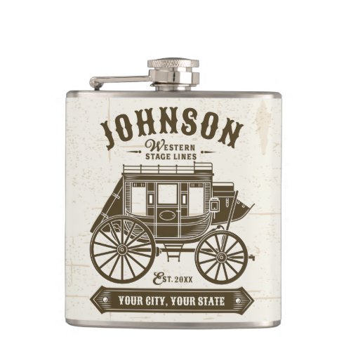Personalized NAME Old Western Stagecoach Carriage Flask