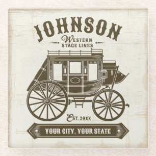 Personalized NAME Old Western Stagecoach Carriage Glass Coaster