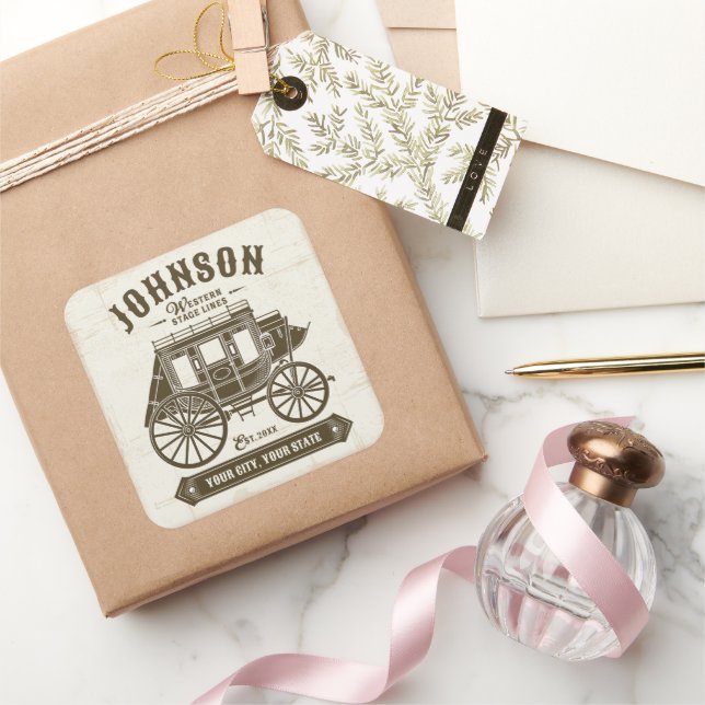 Personalized NAME Old Western Stagecoach Carriage Square Sticker (Gifting)