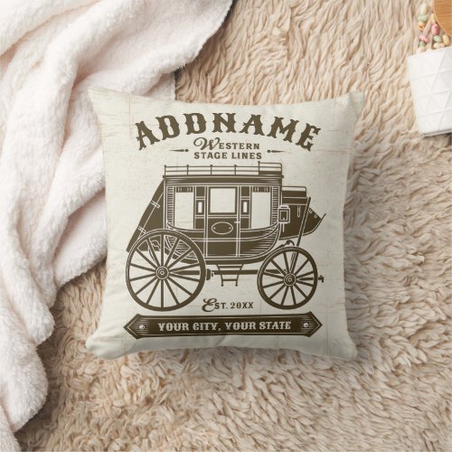 Personalized NAME Old Western Stagecoach Carriage Throw Pillow