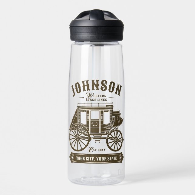 Personalized NAME Old Western Stagecoach Carriage Water Bottle (Front)