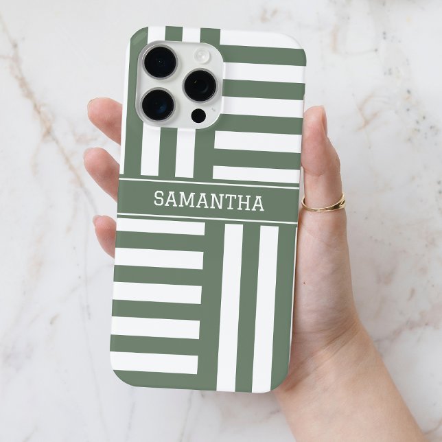 Personalized Name Olive Green White Stripes Chic Case-Mate iPhone Case (Personalized Name Olive Green White Stripes Chic Case-Mate iPhone Case)