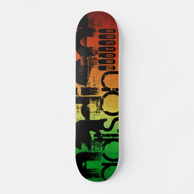 Personalized Name on Neon Orange Yellow & Green Skateboard Deck (Front)