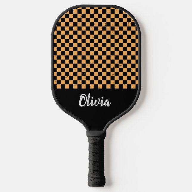  Personalized Name orange and black  Checker Patte Pickleball Paddle (Front)