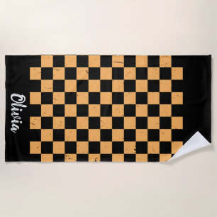Personalized Name orange and black Checker Pattern Beach Towel