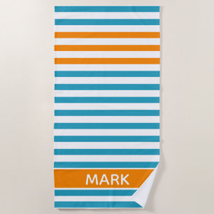 Personalized Name Orange Blue White Multi Stripe Beach Towel