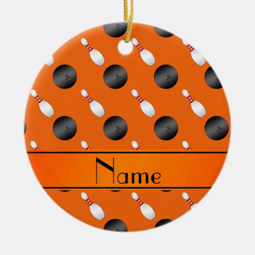 Personalized name orange bowling balls pins ceramic ornament