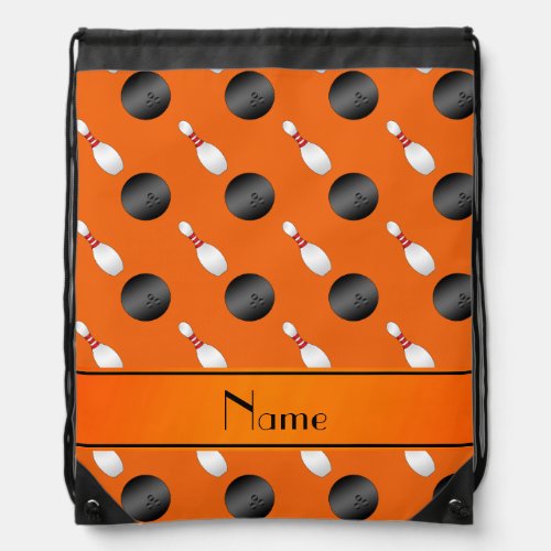 Personalized name orange bowling balls pins drawstring bag