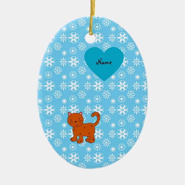 Personalized name orange cat blue snowflakes ceramic ornament (Front)
