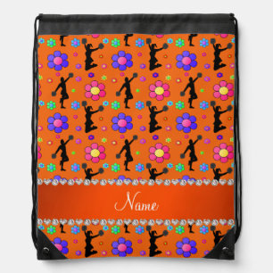 Personalized name orange cheerleading flowers drawstring bag