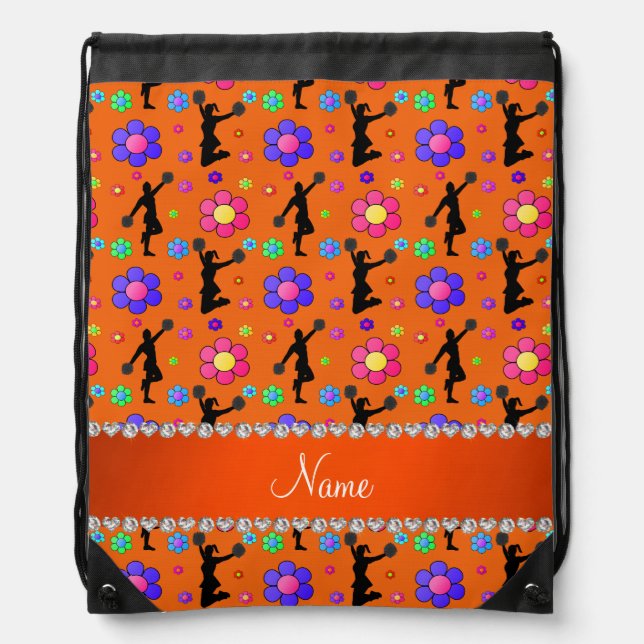 Personalized name orange cheerleading flowers drawstring bag (Front)