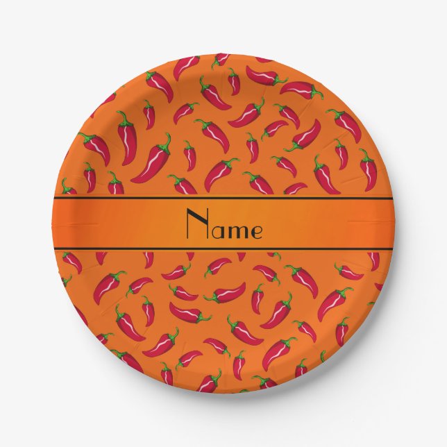 Personalized name orange chili pepper paper plates (Front)