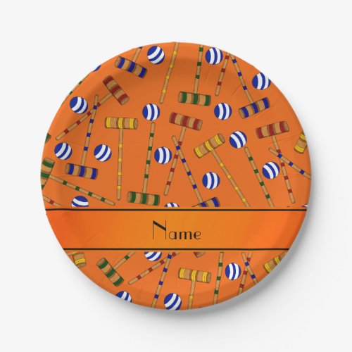 Personalized name orange croquet pattern paper plates