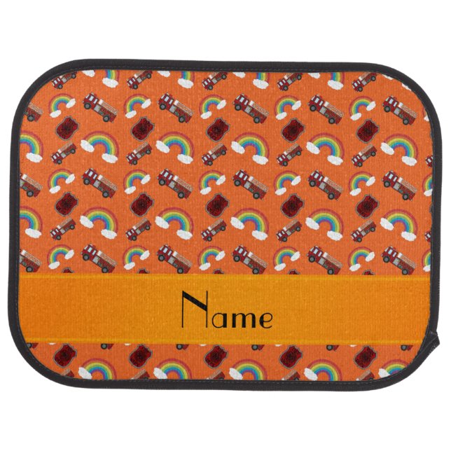 Personalized name orange fire trucks rainbows car floor mat (Rear)