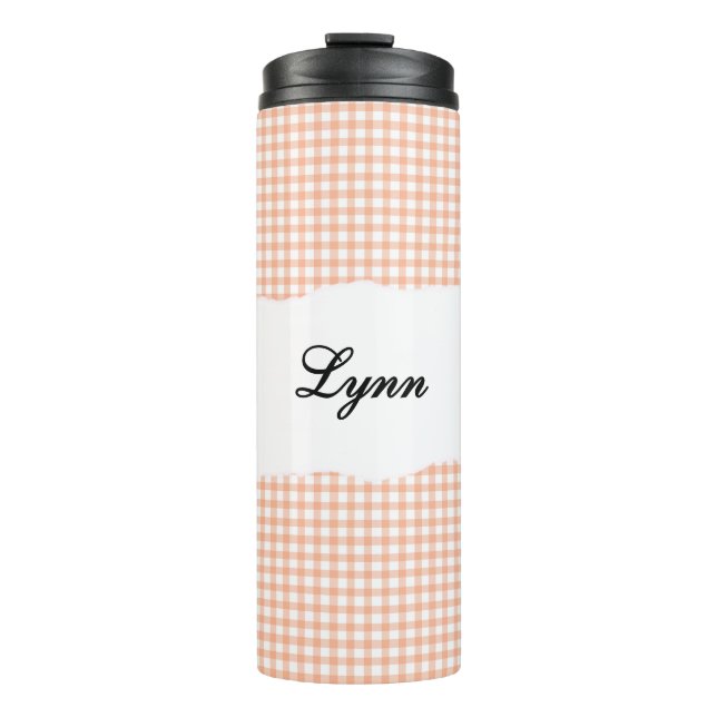 Personalized Name Orange Gingham Pattern Thermal Tumbler (Front)