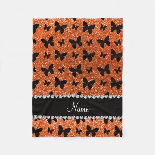 Personalized name orange glitter butterflies fleece blanket