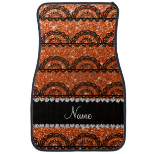 Personalized name orange glitter lace car mat