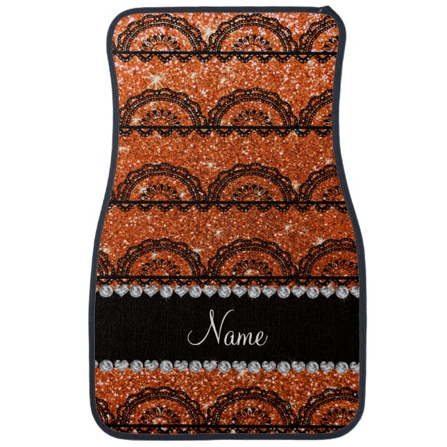 Personalized name orange glitter lace car mat (Front)