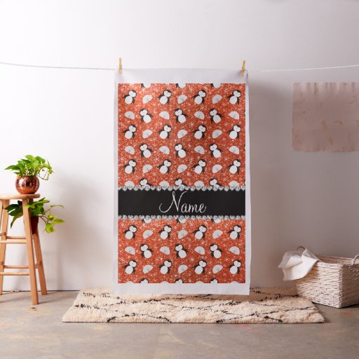 Personalized name orange glitter penguins igloos fabric