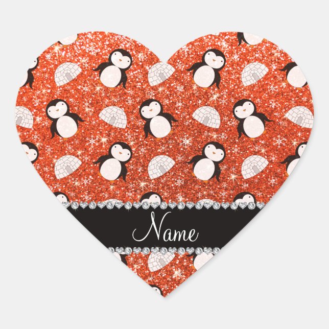 Personalized name orange glitter penguins igloos heart sticker (Front)