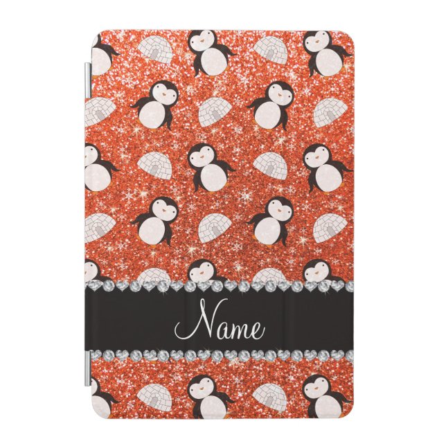 Personalized name orange glitter penguins igloos iPad mini cover (Front)