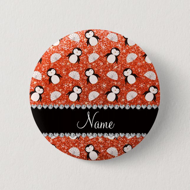 Personalized name orange glitter penguins igloos pinback button (Front)